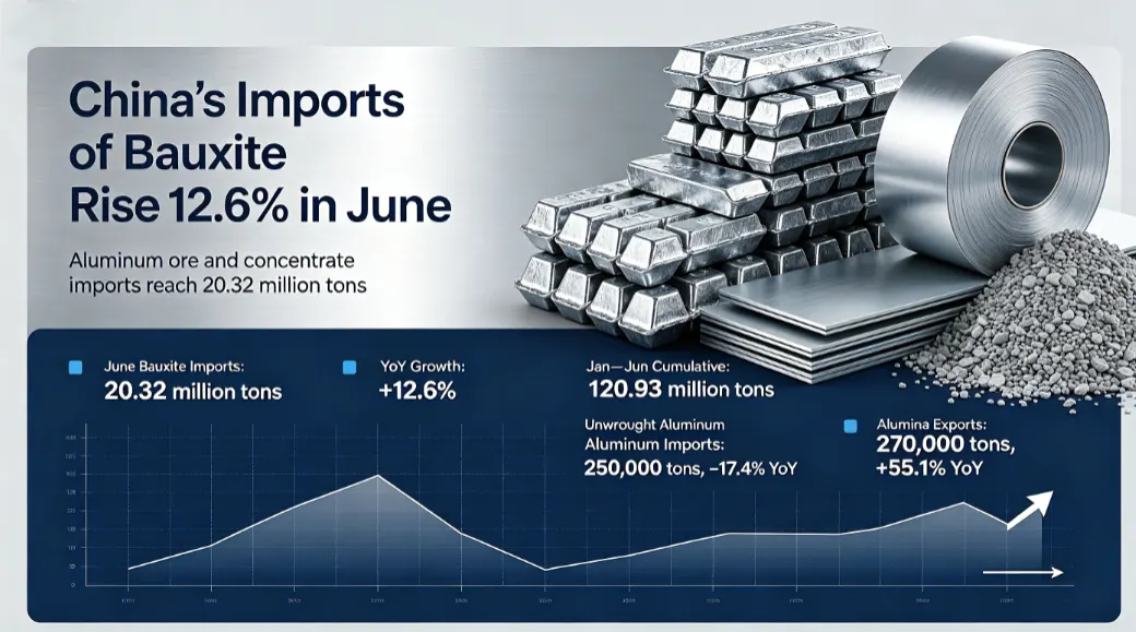 As importações chinesas de bauxita e seus concentrados atingiram 20,32 milhões de toneladas em junho, representando um aumento anual de 12,6%.